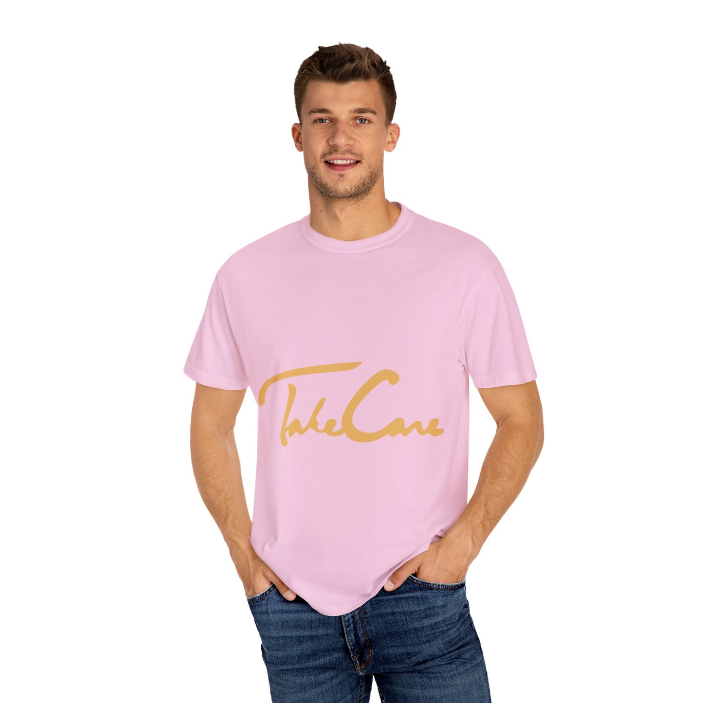 Take Care Gold Script Dyed Tshirt Printify