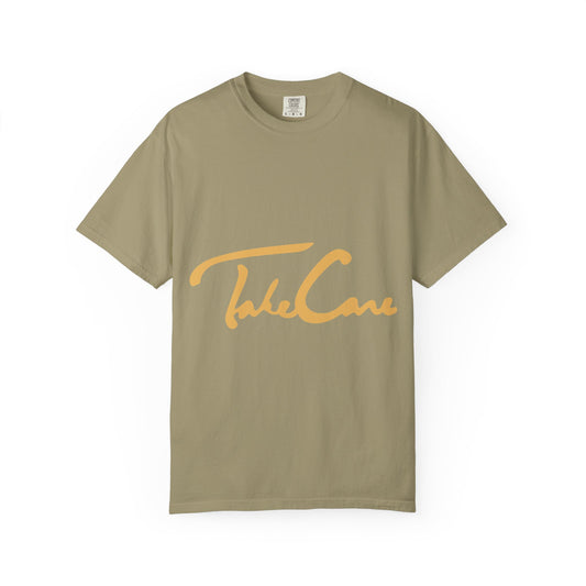 Take Care Gold Script Dyed Tshirt Printify