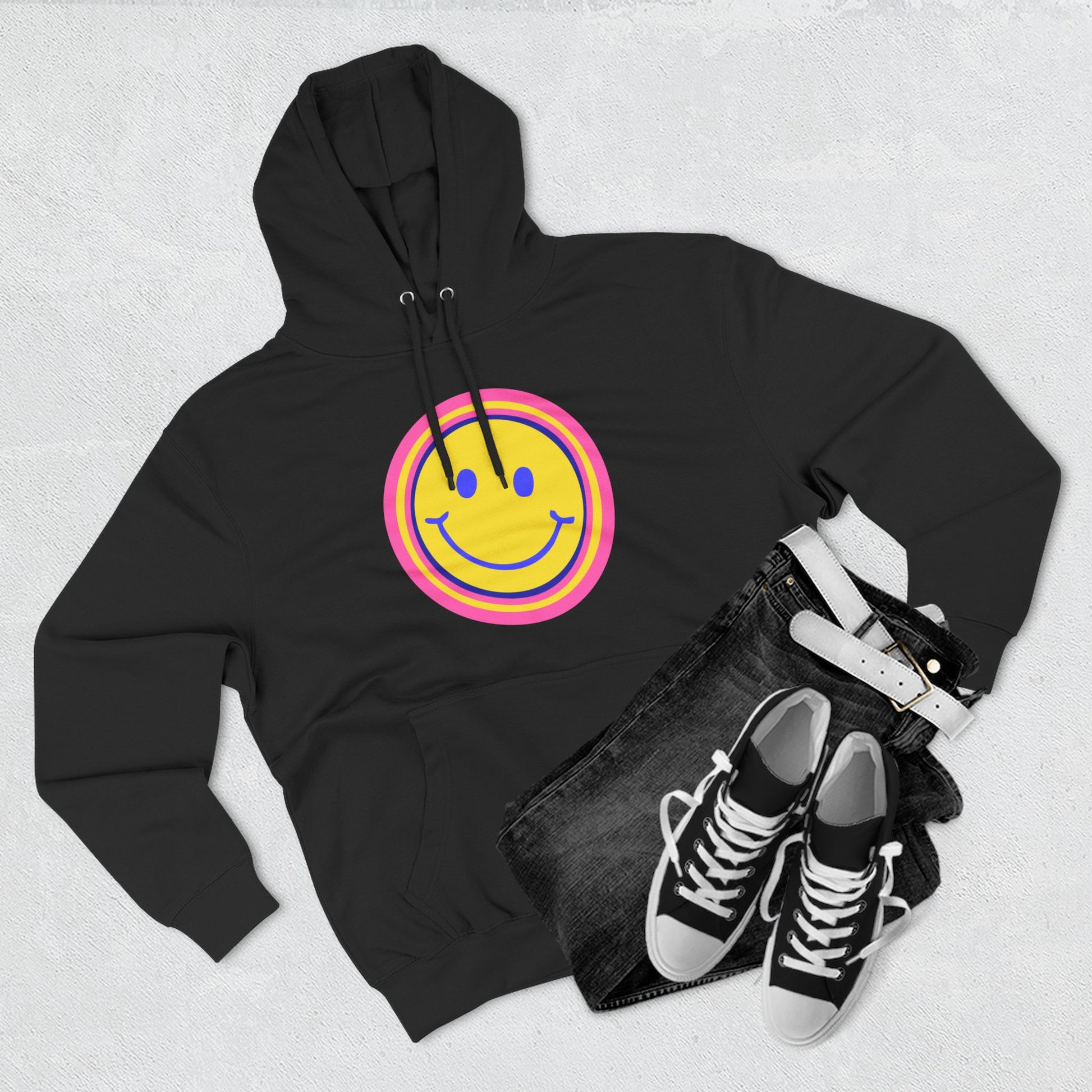 Retro Rainbow Smiley Three-Panel Fleece Hoodie - snazzymerch