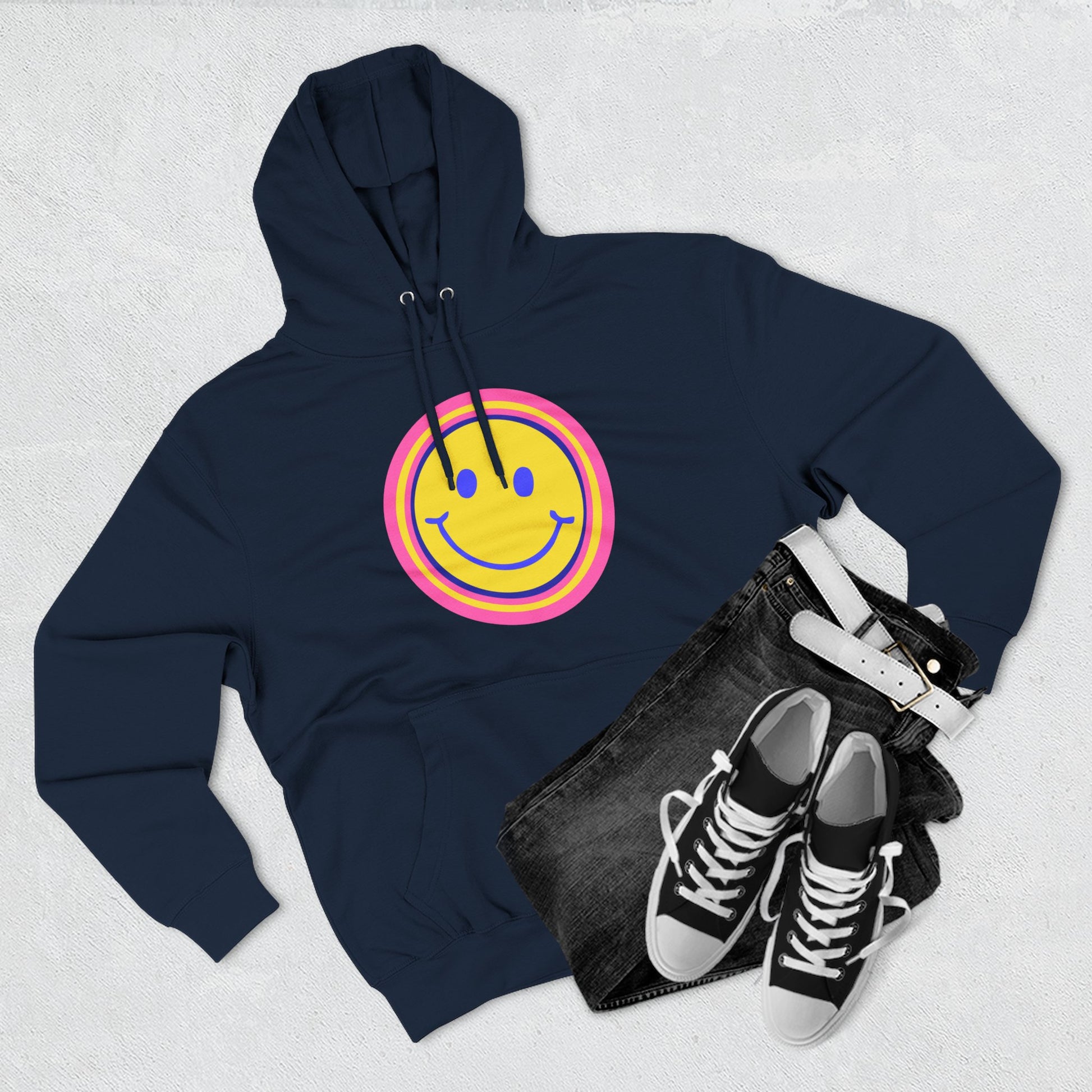 Retro Rainbow Smiley Three-Panel Fleece Hoodie - snazzymerch