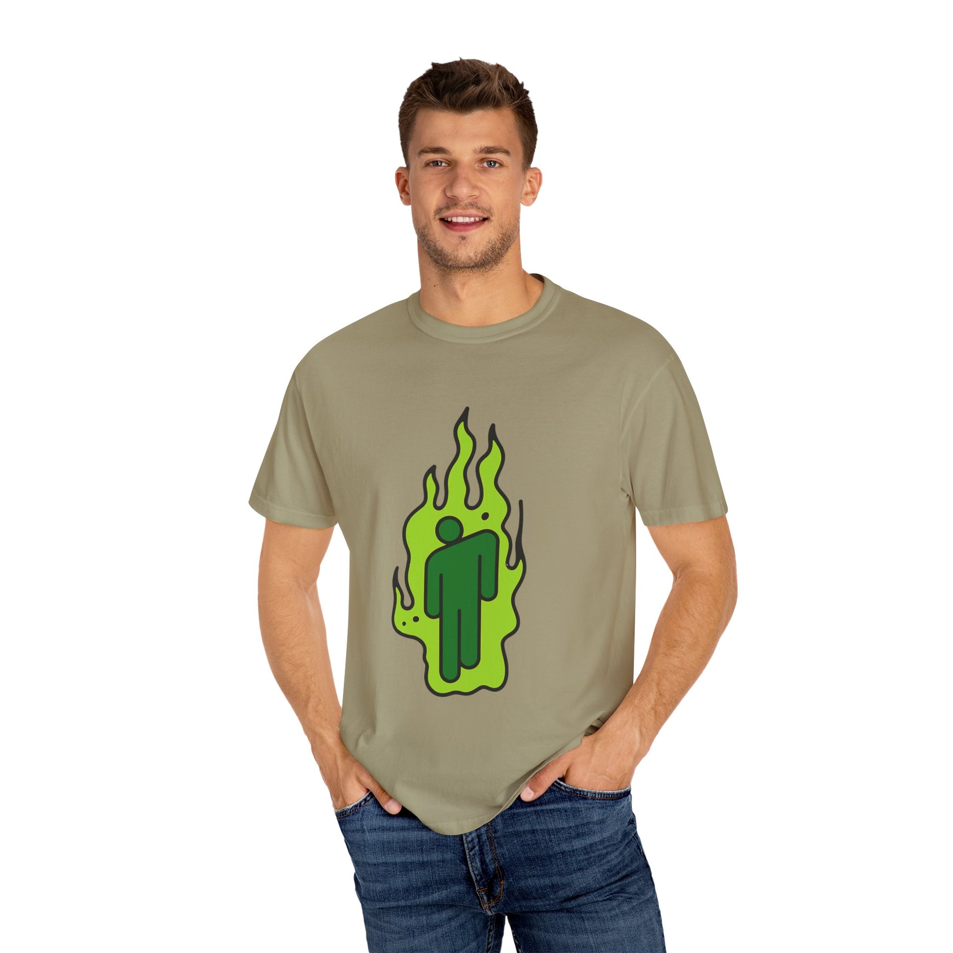 Billie Eilish Inspired Dyed T-shirt – Green Flame Icon Edition Printify