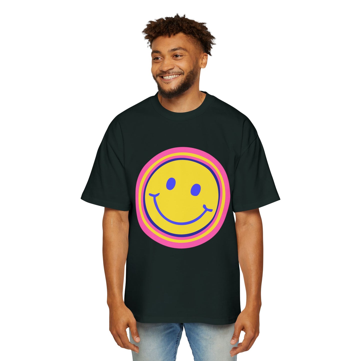 Retro Rainbow Smiley Men's Heavy Oversized Tee - snazzymerch