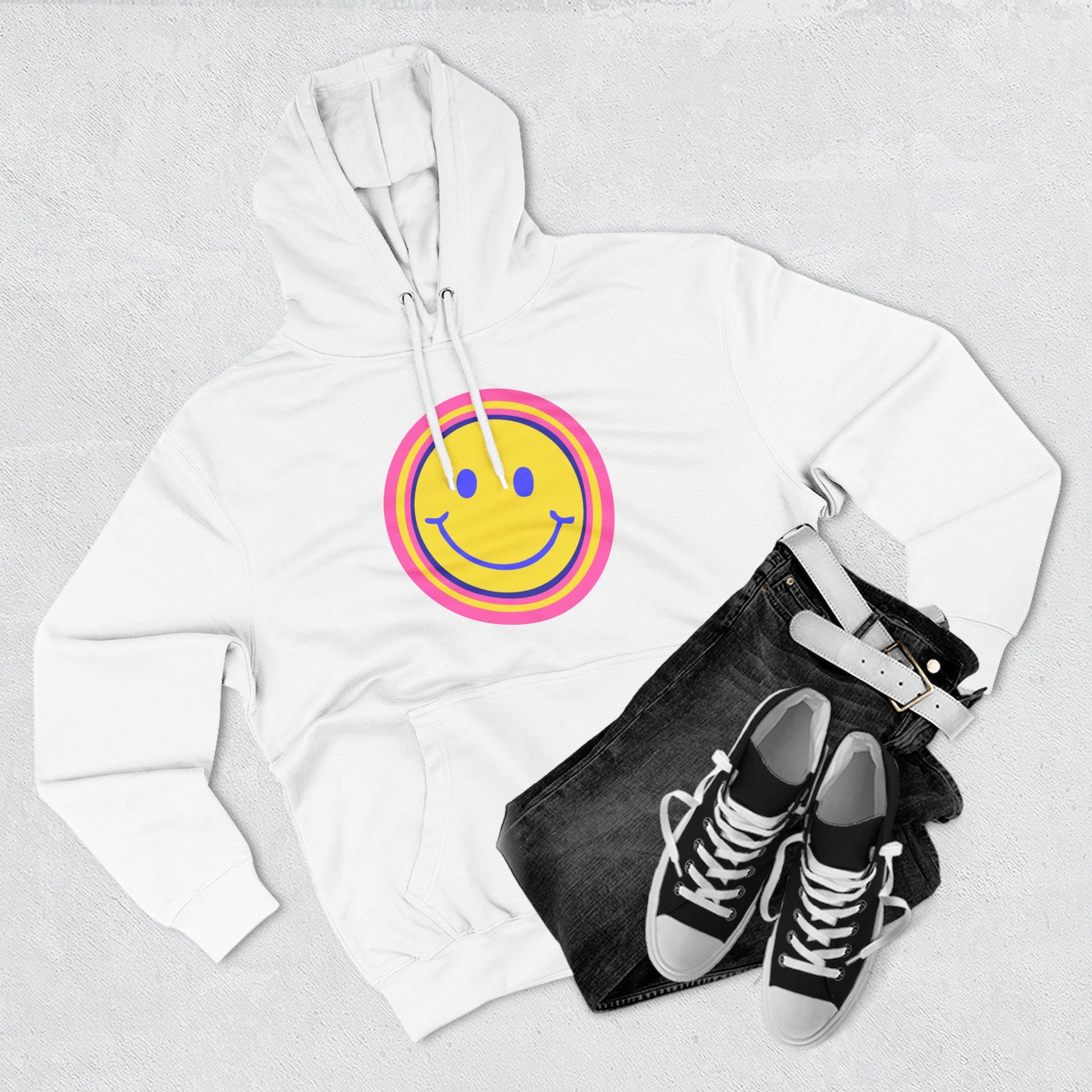 Retro Rainbow Smiley Three-Panel Fleece Hoodie - snazzymerch