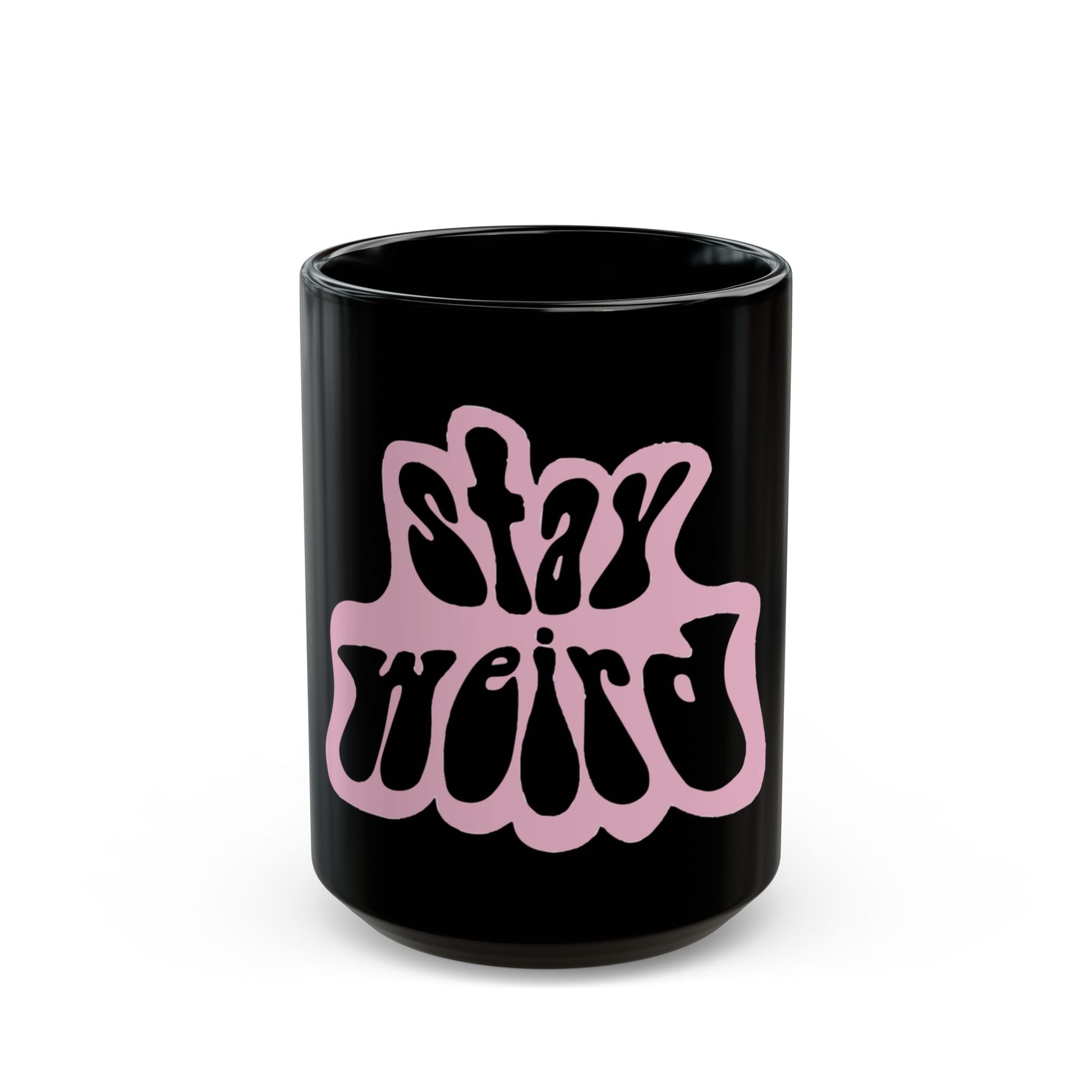 Retro Pink “Stay Weird” Typography Black Mug (11oz, 15oz) - snazzymerch