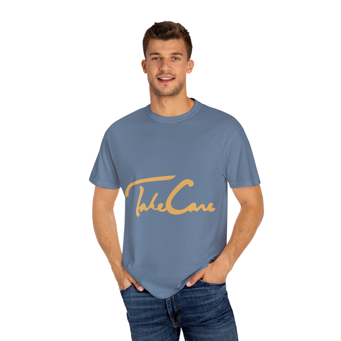 Take Care Gold Script Dyed Tshirt Printify