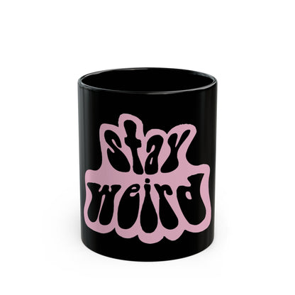 Retro Pink “Stay Weird” Typography Black Mug (11oz, 15oz) - snazzymerch