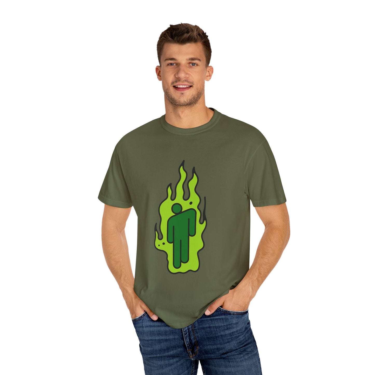 Billie Eilish Inspired Dyed T-shirt – Green Flame Icon Edition Printify