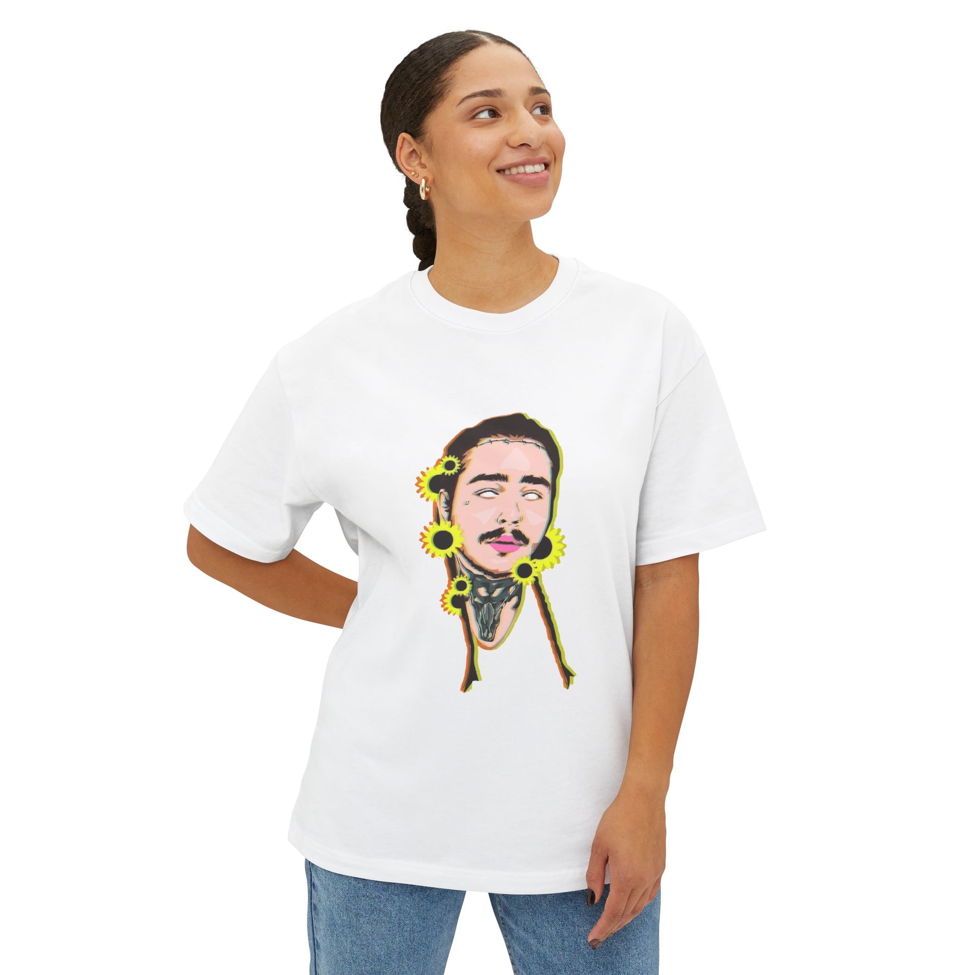 Cartoon Face with Sunflowers Unisex Oversized Boxy Tee Printify
