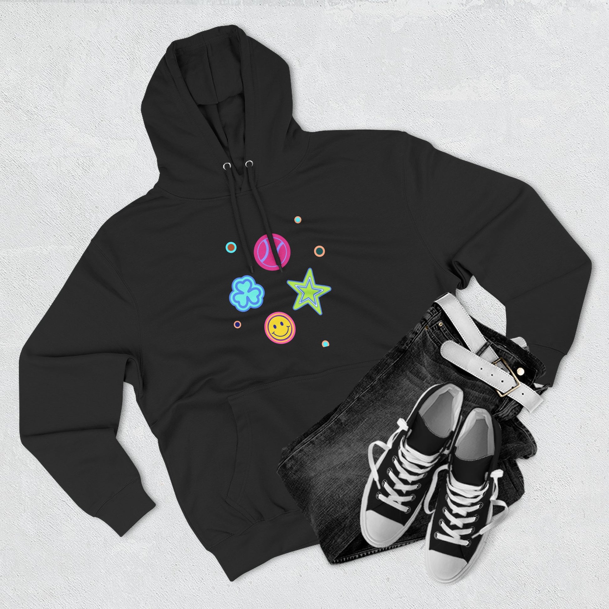 Color Pop Charm Patch Three-Panel Fleece Hoodie - snazzymerch