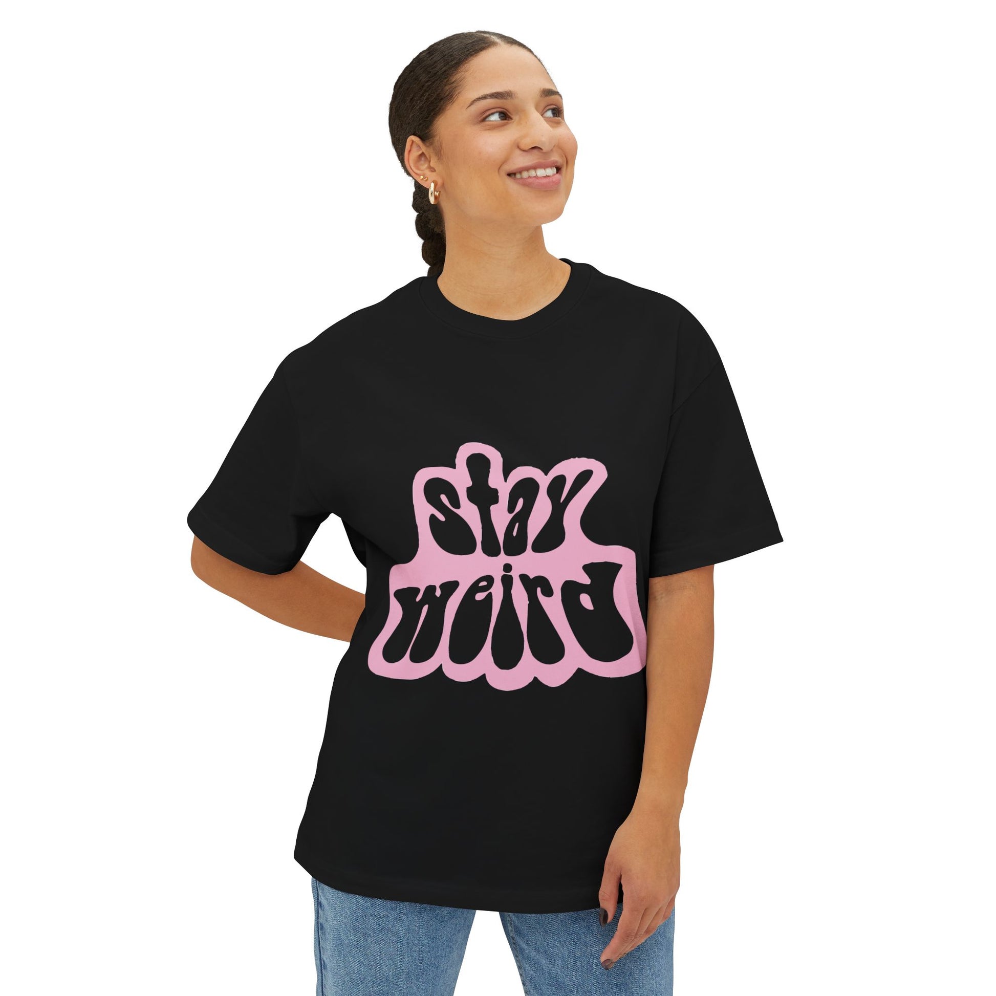 Retro Pink “Stay Weird” Typography Unisex Oversized Boxy Tee - snazzymerch