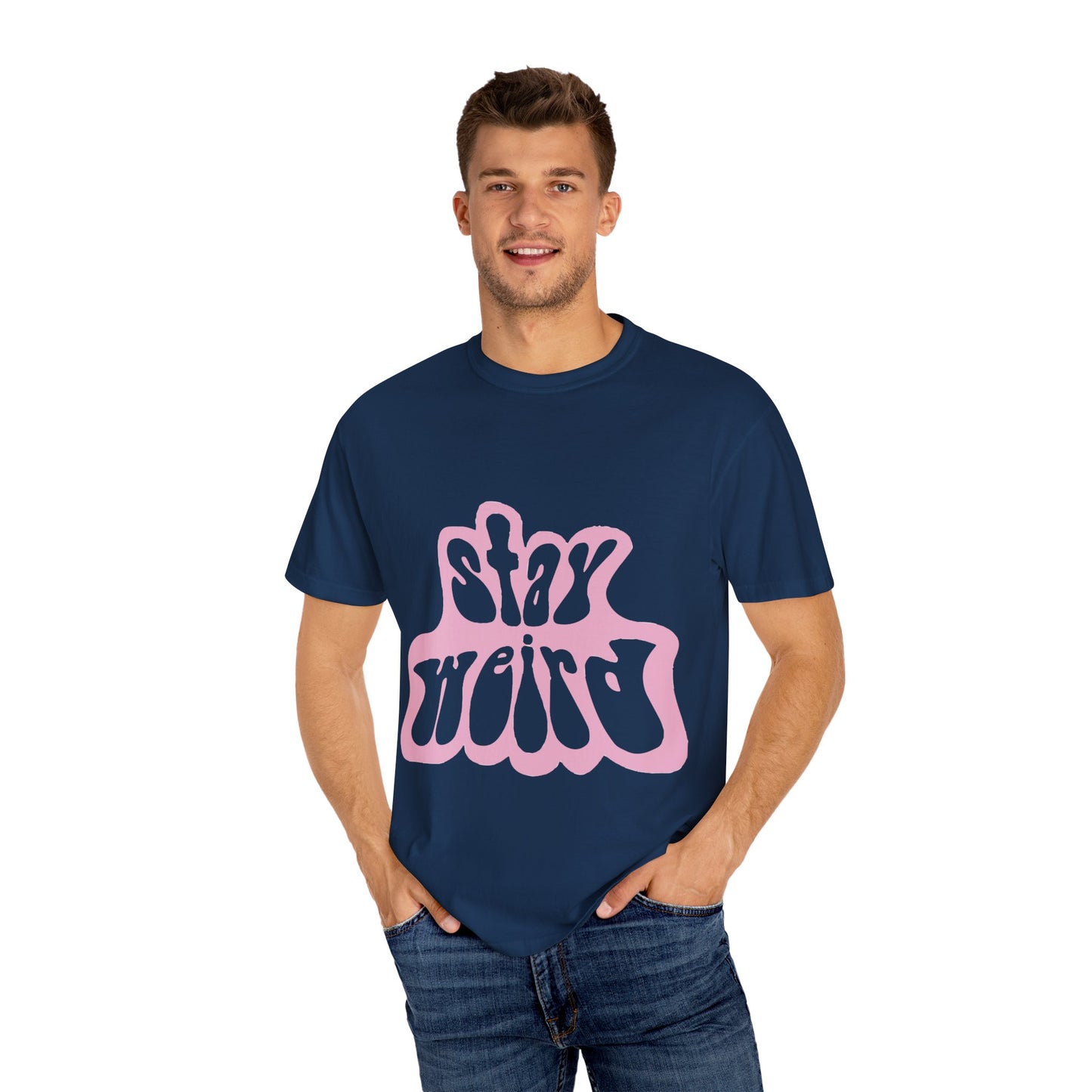 Retro Pink “Stay Weird” Typography Unisex Garment-Dyed T-shirt - snazzymerch