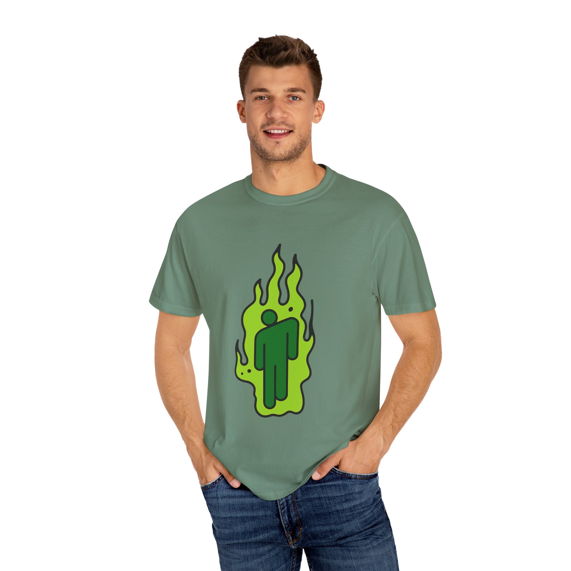 Billie Eilish Inspired Dyed T-shirt – Green Flame Icon Edition Printify
