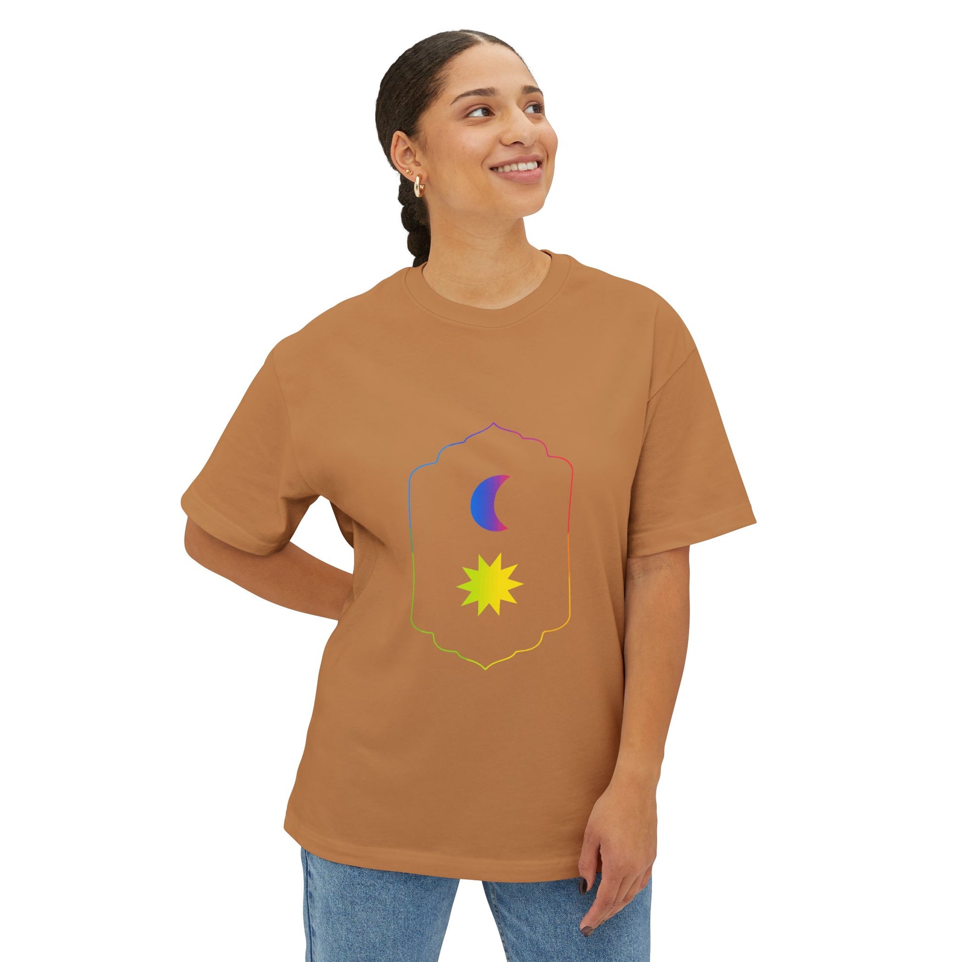 Gradient Moon and Star Emblem Unisex Oversized Boxy Tee Printify