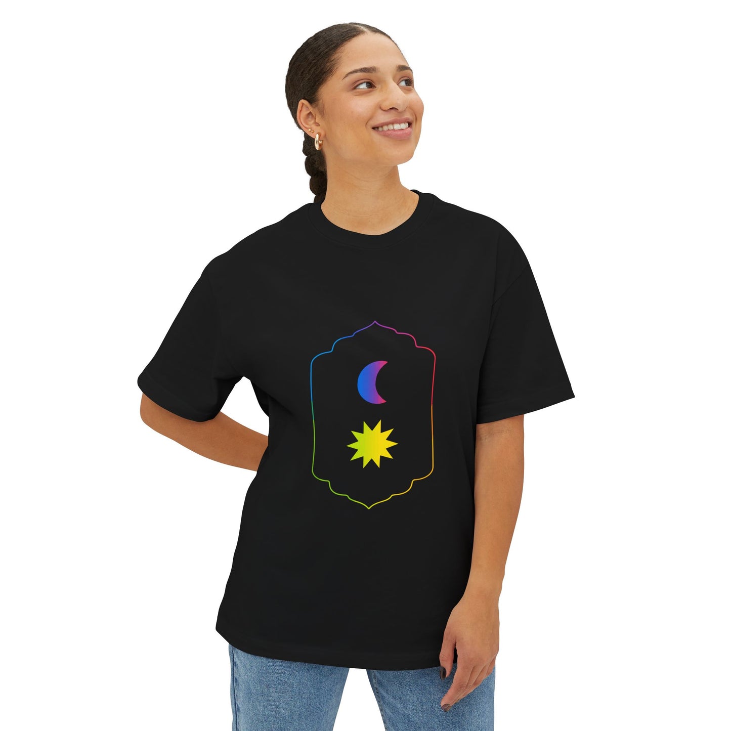 Gradient Moon and Star Emblem Unisex Oversized Boxy Tee Printify