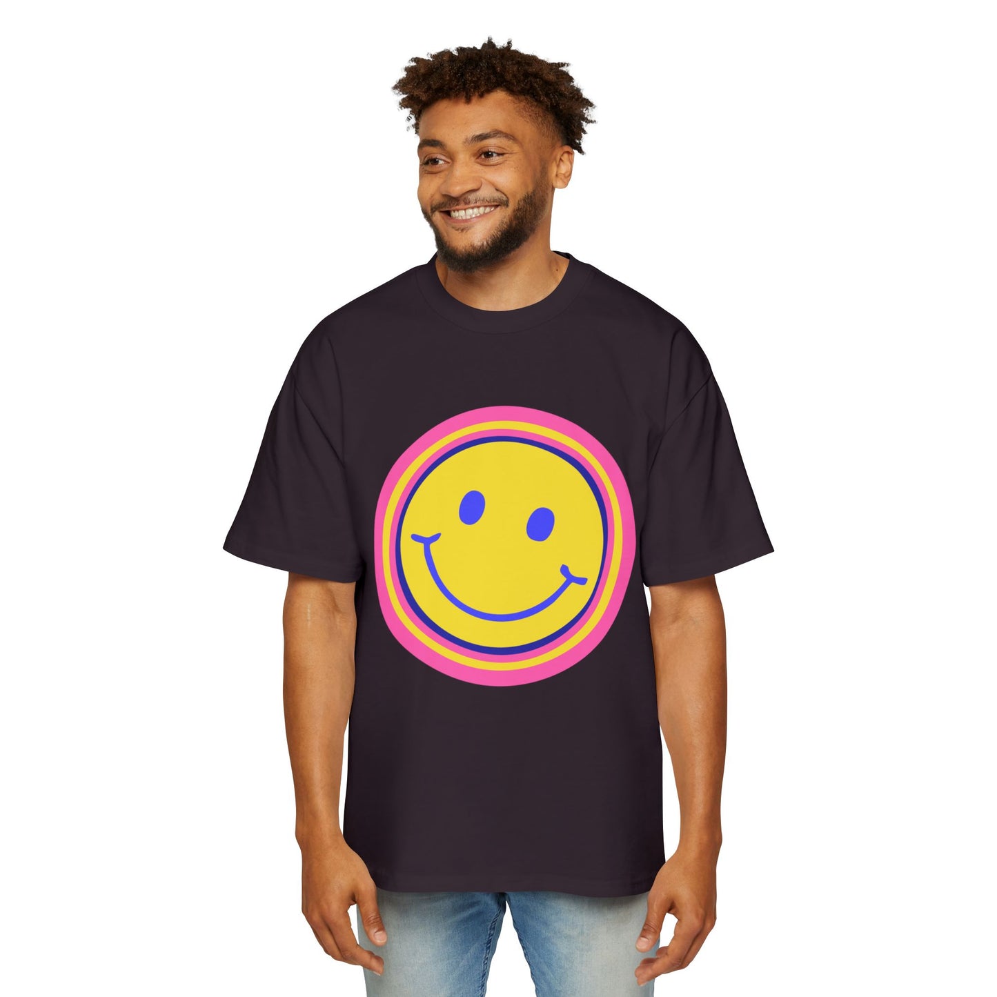 Retro Rainbow Smiley Men's Heavy Oversized Tee - snazzymerch