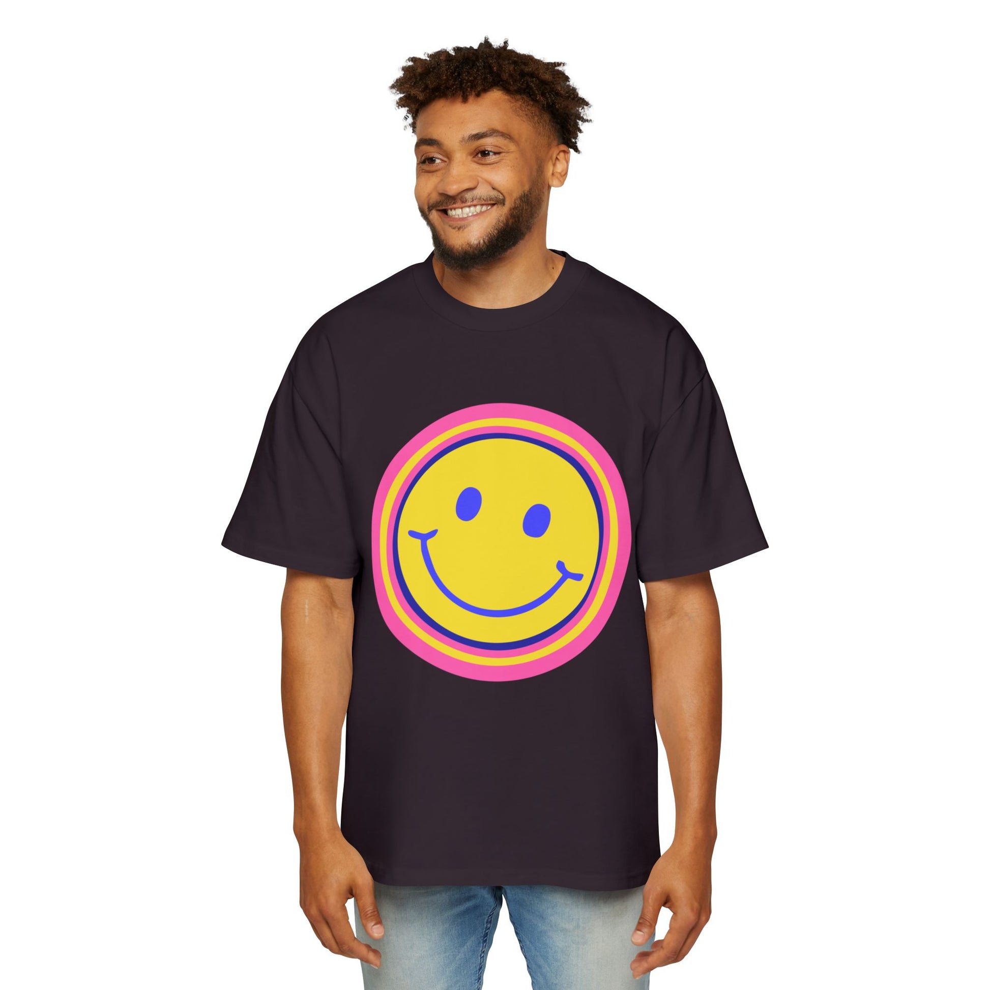 Retro Rainbow Smiley Men's Heavy Oversized Tee - snazzymerch