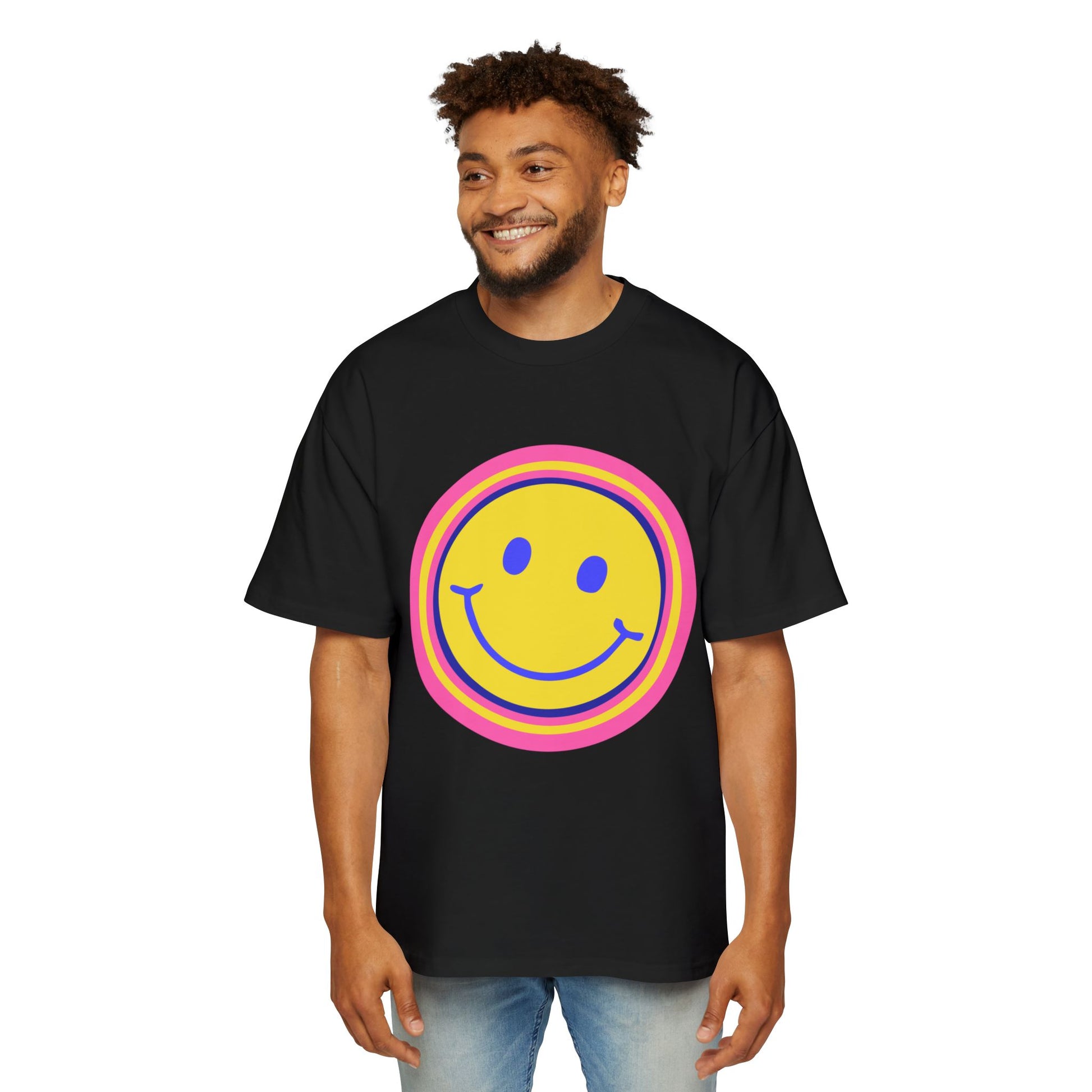 Retro Rainbow Smiley Men's Heavy Oversized Tee - snazzymerch