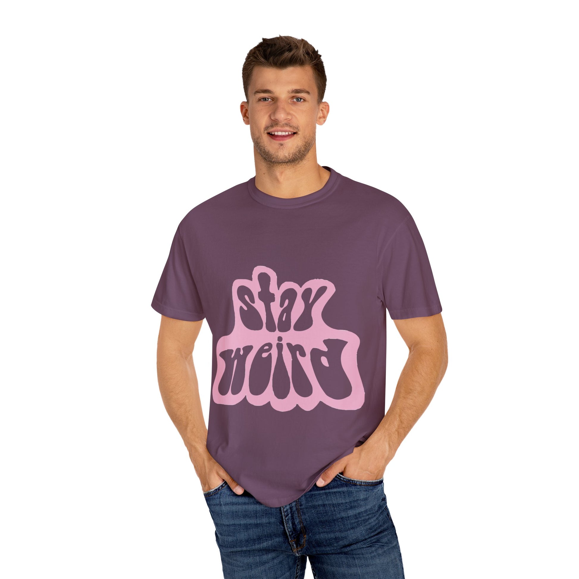 Retro Pink “Stay Weird” Typography Unisex Garment-Dyed T-shirt - snazzymerch