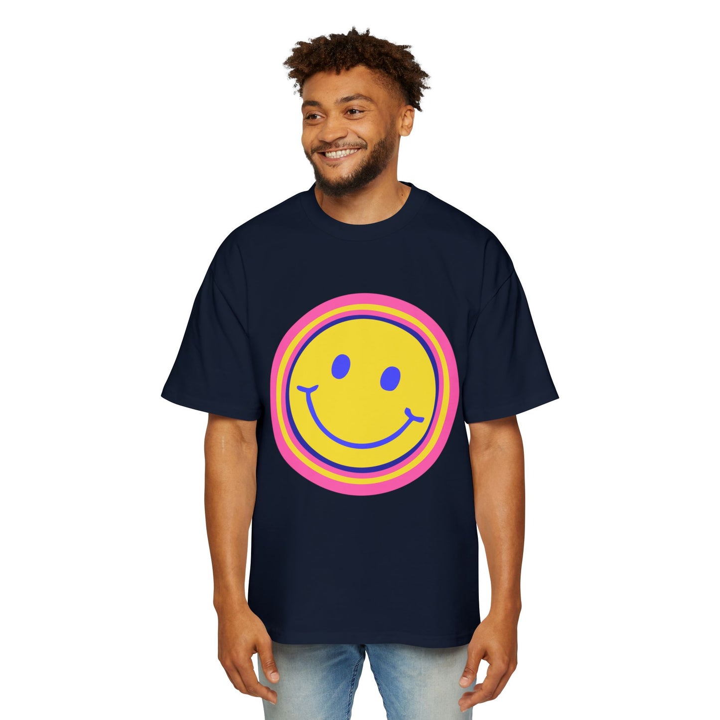 Retro Rainbow Smiley Men's Heavy Oversized Tee - snazzymerch