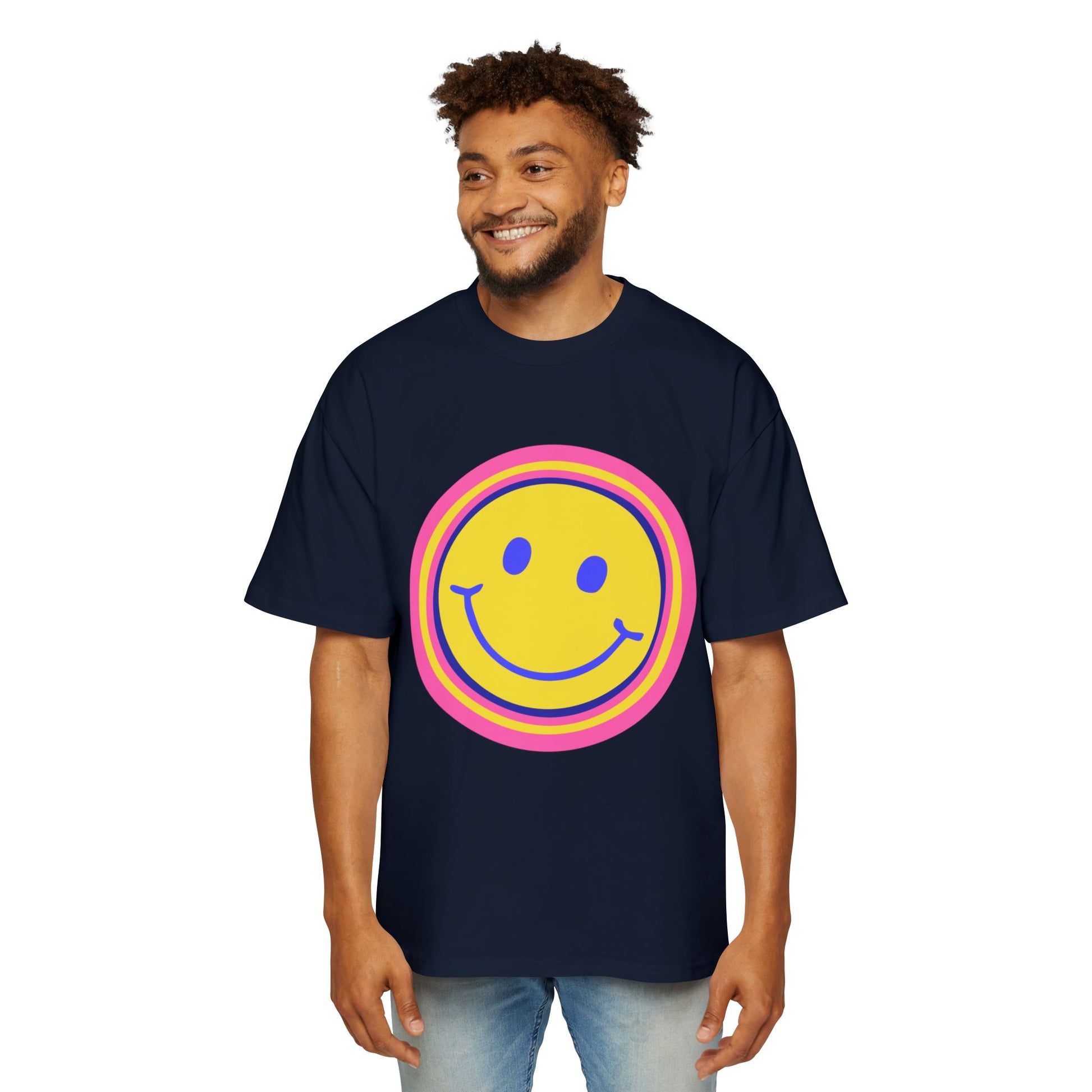 Retro Rainbow Smiley Men's Heavy Oversized Tee - snazzymerch