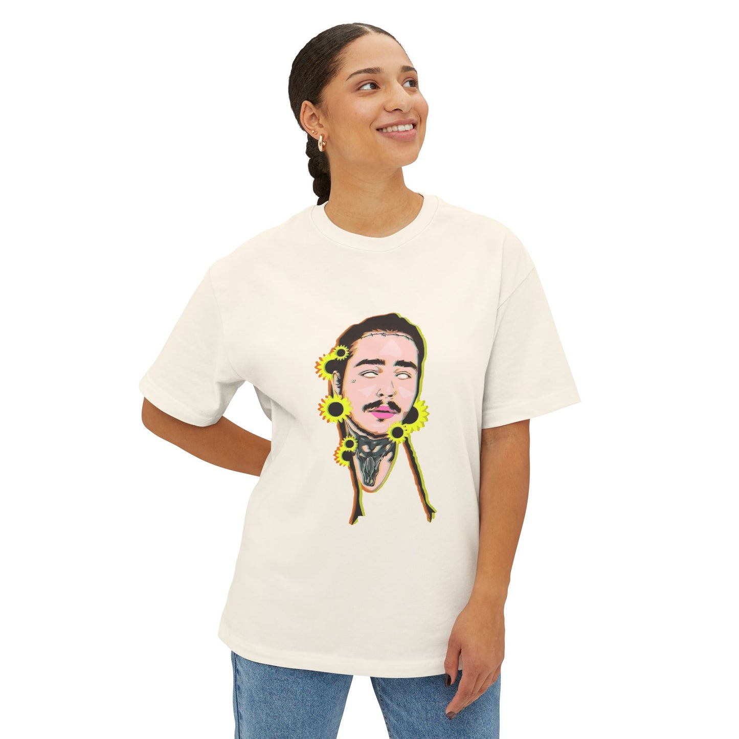 Cartoon Face with Sunflowers Unisex Oversized Boxy Tee Printify