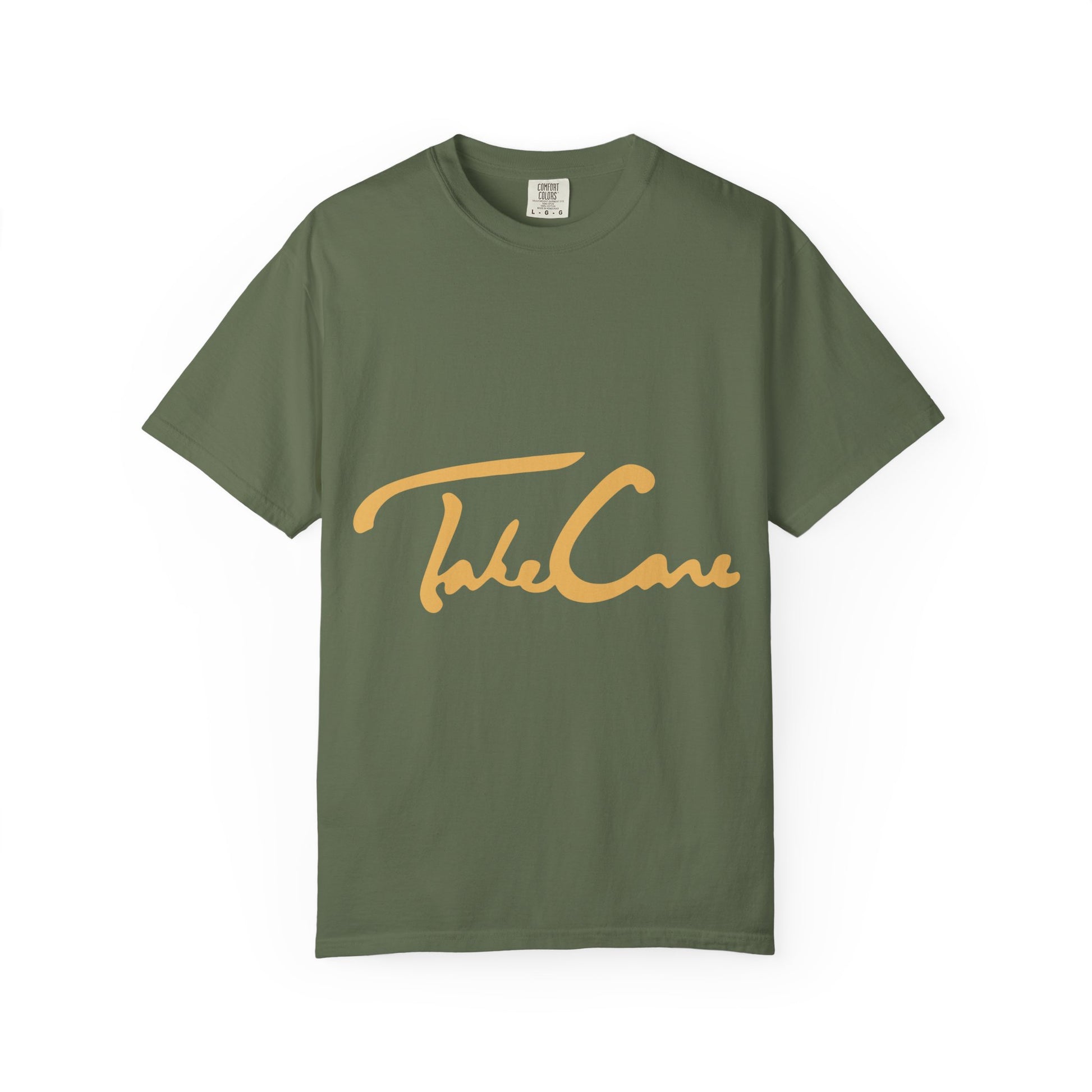 Take Care Gold Script Dyed Tshirt Printify