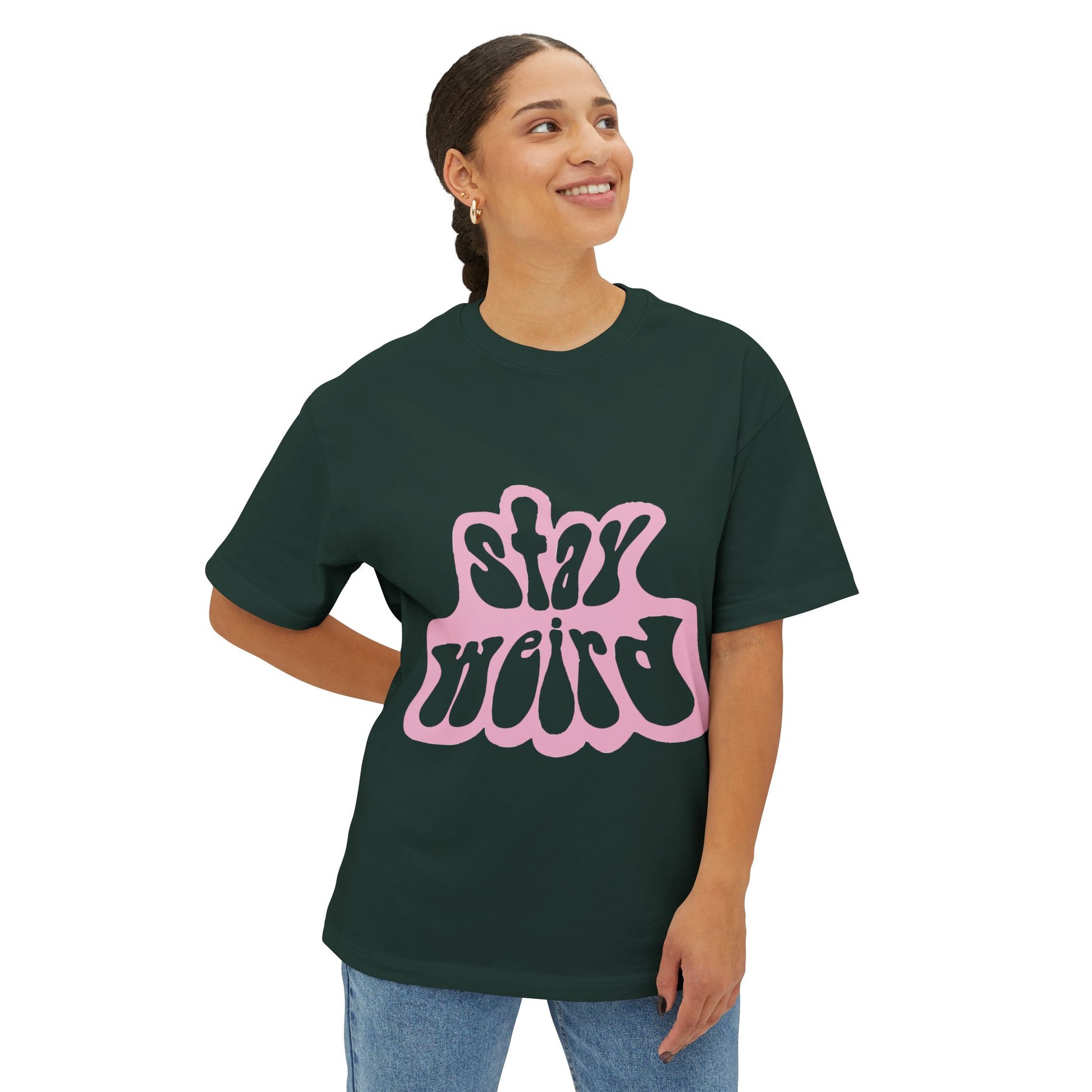 Retro Pink “Stay Weird” Typography Unisex Oversized Boxy Tee - snazzymerch