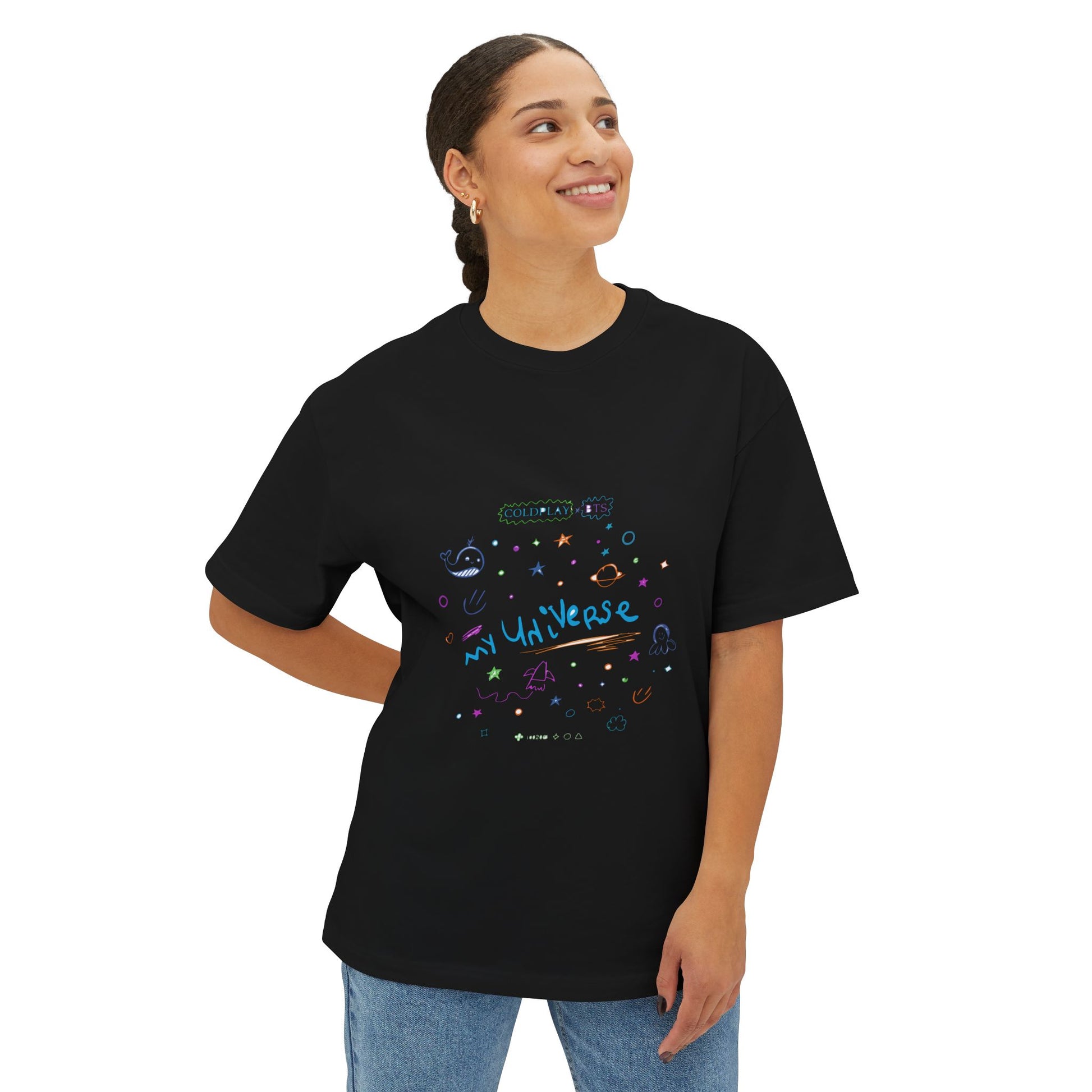 Neon Space Doodles Unisex Oversized Boxy Tee Printify